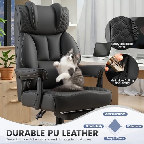 BestGlory Office Desk Chair, Big and Tall Leather Gaming Chair with Footrest, Ergonomic Comfy Executive High-Back Reclining Computer Chairs, Wide Swivel Rolling Wheels and Padded Lumbar Support, Black - Image 4