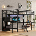 Full Size Loft Bed with Desk and Storage Stairs, Metal Loft Bed Frame with Multi-color LED Lights, Charging Station, and Hanging Rod, Heavy-duty Loftbed for Kids, Teens, Adults, Noise-free, Black by Bellemave