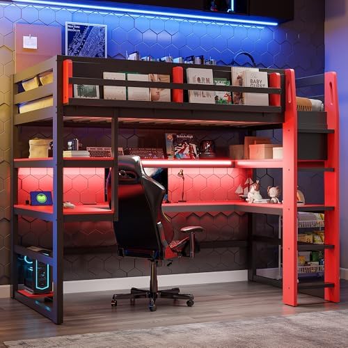 DNYN Gaming Loft Bed with Built-in Desk and Storage Shelves for Teens/Adults Bedroom, Space-Saving Twin Size Wooden Bed Frame with LED & Side Race, No Box Spring Needed by DNYN