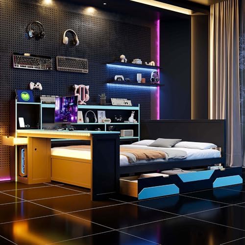 Merax Queen Size Gaming Daybed with Integrated Desk and Lights, Wooden Platform Bed Frame with 3 Storage Drawers and Built-in Charging Station, Multi-Functional Headboard Shelves, No Box Spring Needed - Image 3