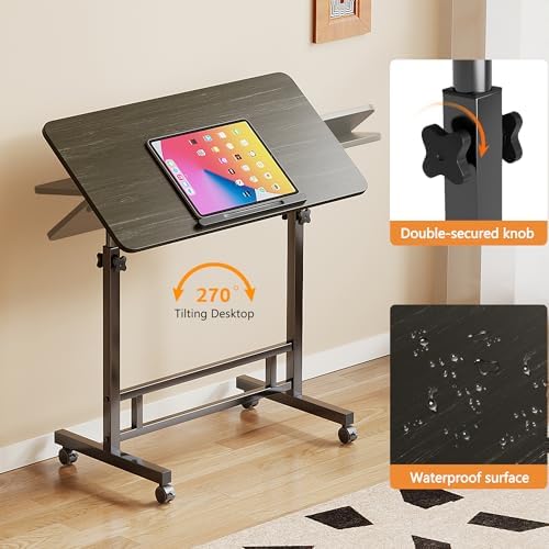 Laptop Table Mobile Adjustable Height Portable Desk Notebook Swivel PC Computer Rolling Desk with Wheels, Laptop Stand for Couch Bedside Hospital Bed Table (Black Table) - Image 2