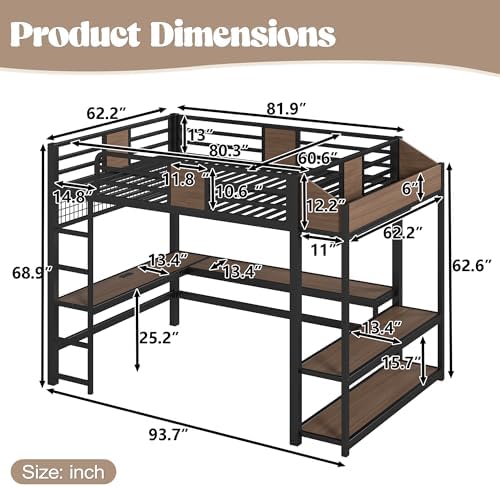 Bellemave Queen Size Metal Loft Bed with L-Shaped Desk, LED Lights & Charging Station, Heavy Duty Loft Bed Frame with Hanging Rod and Storage Shelves for Kids, Teens & Adults, Space Saving,Black - Image 2