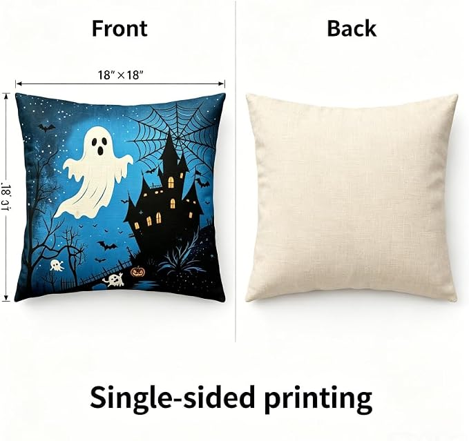 Halloween Throw Pillow Covers, Ghost and Witch Cauldron Design, Linen, 18x18 Inch, Set of 2 - Image 4