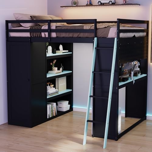Merax Full Size Loft Bed with Desk and 6 Storage Shelves, Wardrobe, Blackout Curtain, Solid Wood Gaming Loft Bed Frame with USB Port & RGB Lights, No Box Spring Needed, Space-Saving, Black+Blue - Image 5