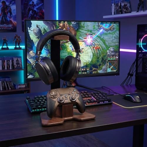 Gaming Headset and Controller Stand, Walnut Wood - Image 2