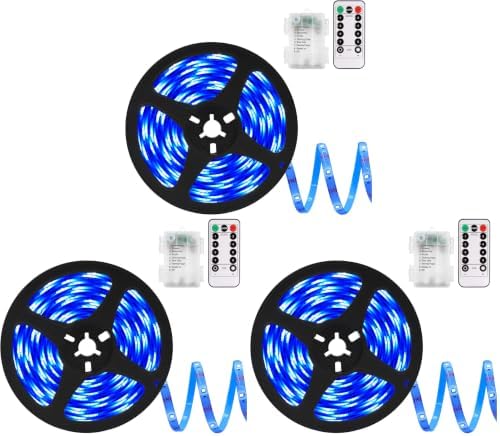echosari Blue Led Strip Lights Waterproof Battery Operated with Remote, 8 Modes, Dimmable, Timer, Self-Adhesive, Cuttable, 3M 90Led Battery Strip Led Light for Indoor Outdoor Decor (Pack of 3) by echosari