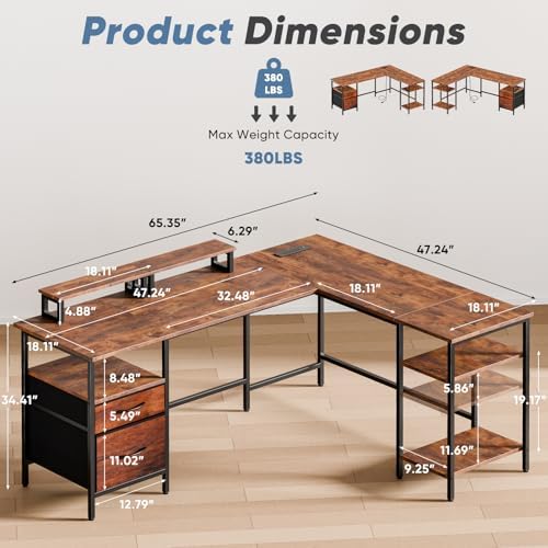 DUMOS 62 Inch L Shaped Computer Desk with Charging Station - Image 3