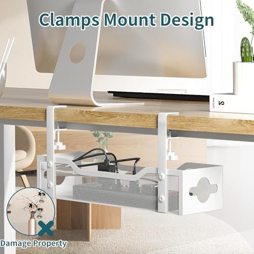 Under Desk Cable Management Tray 3 Pack, Cable Management Under Desk No Drill, Cable Organizer with Clamp for Wire Management, Cord Organizer for Office, Home - No Damage to Table (White) - Image 2