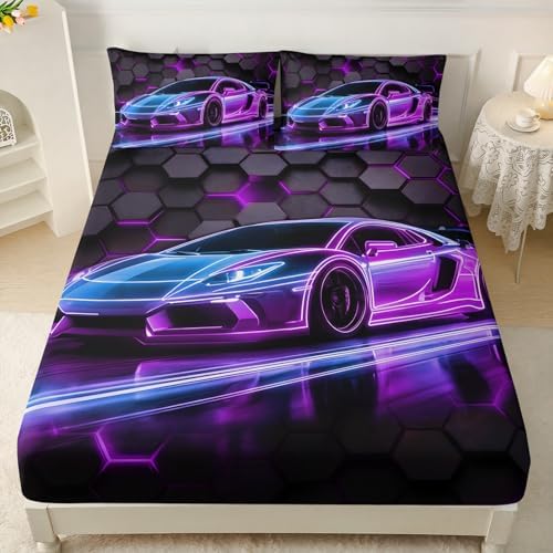 HOSIMA Kids Boys Race Car Twin Bedding Sets,1 Fitted Sheet+2 Pillowcases. - Image 2