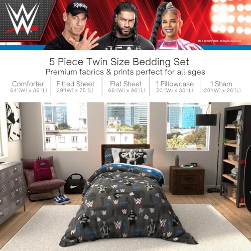 WWE Wrestling Bedding Set, Twin Size 5 Piece Set Super Soft Cozy Reversible Comforter and Sheet Set with Sham, (100% Officially Licensed Product) by Franco - Image 3