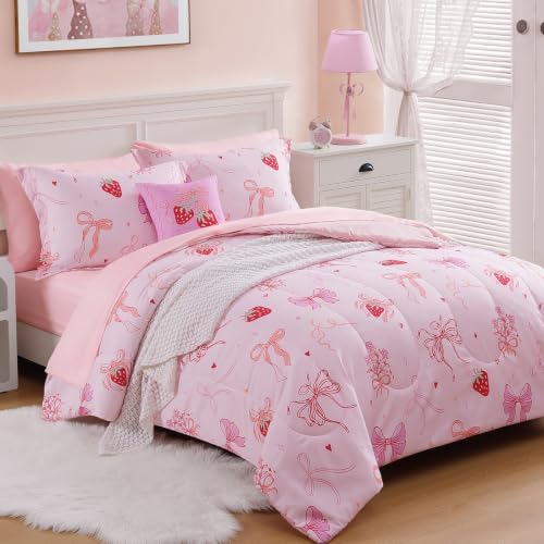 Twin Comforter Set for Girls-3 Pieces Pink Bow Printed Twin Bedding Sets - Image 2
