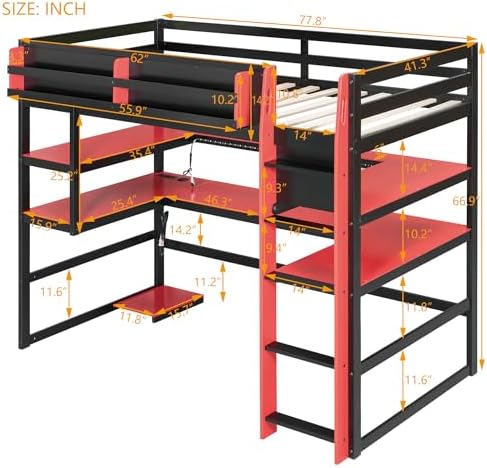 DNYN Gaming Loft Bed with Built-in Desk and Storage Shelves for Teens/Adults Bedroom, Space-Saving Twin Size Wooden Bed Frame with LED & Side Race, No Box Spring Needed - Image 2