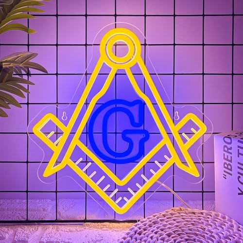 Mutank Masonic Neon Sign, USB Powered Dimmable LED Neon Light Symbolic Decor, for Brotherhood Historical Wall Game Room Study Man Cave Wall Decor, Gifts for Freemasons and Brothers(12.9 * 12.2 In) by Unknown