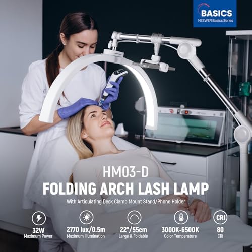 NEEWER Basics 22" Half Moon Lash Light with Articulating Desk Clamp Mount Stand/Phone Holder, 32W Foldable LED Nail Tech Table Arc Lamp for Makeup Beauty Tattoo Overhead Video Recording, HM03-D - Image 2