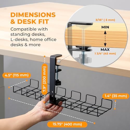 JANEX Under Desk Cable Management Tray Kit, No Drill Clamp-On Cable Organizer for Desk, Wire Cord Management Tray with Cable Sleeve, Cable Clips, Ties & Velcro Strips, Black - Image 5