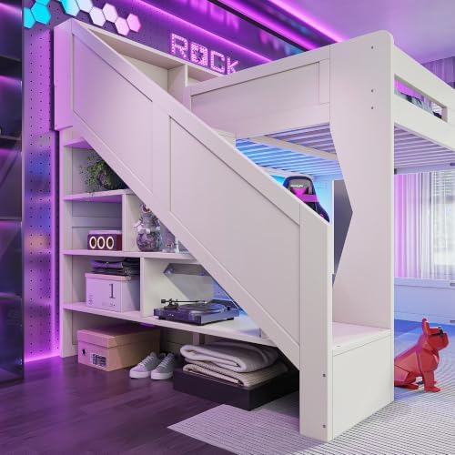 Bellemave Queen Loft Bed with Storage Stairs and Charging Station, Beige - Image 5