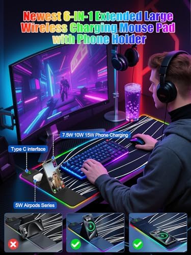 Mouse Pad with Foldable Phone Holder & Wireless Charger, XXL RGB Gaming Mousepad 31.5"x15.8" Large Desk Mat for Keyboard, Black Desk Pad with Dual Qi Charging Station | 11 Colors 5 Modes | Waterproof - Image 3
