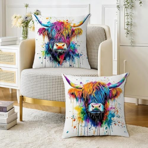 Highland Cow Pillow Cover 18x18 Inch Set of 4,Graffiti Western Farmhouse Cows Throw Pillow Cases,Watercolor Farm Animal Decor for Couch Sofa Country Cattle Cushion Covers Outdoor Bedroom Home Decor - Image 4