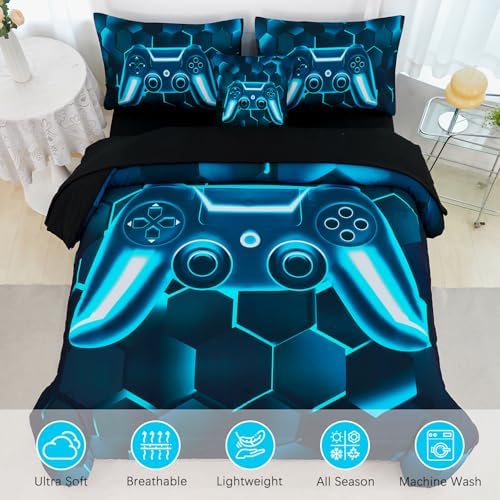 URBONUR 6 Pieces Gamer Comforter Set for Teen Boys Queen Size Blue Teal - Image 3