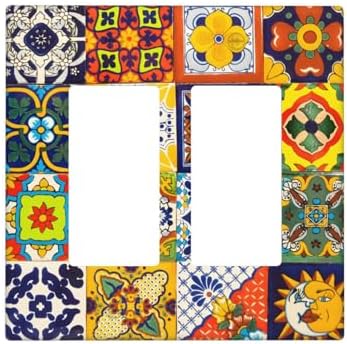 Decorative Outlet Covers Vintage Traditional Colorful Mexican Talavera Tiles Style 2 Gang Light Switch Cover Plate Double Rocker Wall Plate Gfci Switch Plate Covers Plug Faceplate for Bedroom by JOOJIAO
