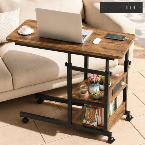 Rolling C Shaped End Table with Charging Station for Couch, Height Adjust by Armocity