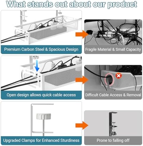 No Drill Under Desk Cable Management Tray, SONATURE 15.7" Cord Organizer for Table, Clamp Mount Desk Cable Management, Premium Carbon Steel Cable Organizer for Office, Home (White) - Image 2