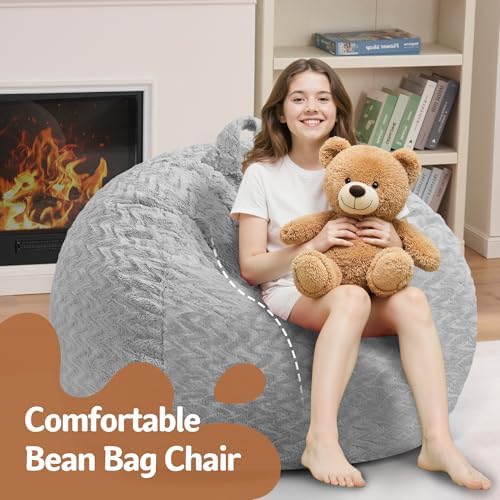 2FT Bean Bag Chair,Giant Bean Bag Chairs for Adults,Big Bean Bags with Memory Foam Filled, Large Beanbag Chairs with Chevron Plush Cover-Light Grey - Image 5