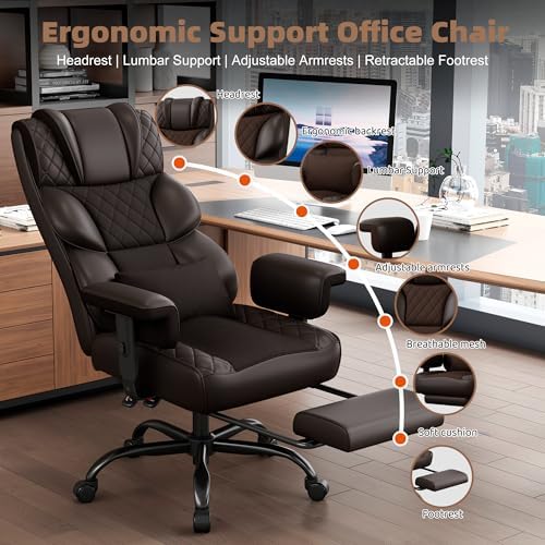 Vonesse Office Chair, Desk Chair with Soft Adjustable Armrests, Executive Computer Chairs with Lumbar Support, High Back Gaming Chair with Footrest (PU Leather, Brown) - Image 3