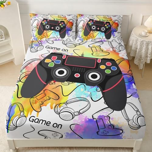 AILONEN Gamer Twin XL Fitted Sheet Set for Boys, Gaming Video Game Gamepad Bed Sheet Set for Kids Adults,Tie Dye Game Fitted Sheet with 2 Pillowcases,3 Pieces by AILONEN