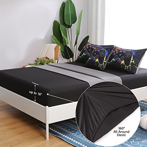 6Pcs Gamer Comforter Set with Sheets for Boys Girls Kids Teens, Colorful Graffiti Gaming Themed Bed in A Bag Full Size, Black 3D Video Game Controller Bedroom Decor Bedding Set - Image 6