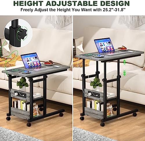 Rolling C Shaped End Table with Charging Station for Couch, Height Adjust - Image 3