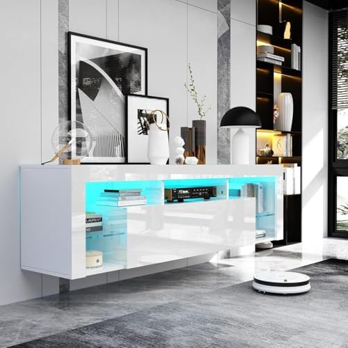 Gitua 63 in Floating TV Stand Wall Mounted, High Gloss LED Floating Entertainment Center with Storage&Adjustable Glass Shelf, TV Stand for TVs up to 75 Inch, Gaming Media Center Console Table, White - Image 6