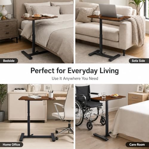 Mobile Standing Desk Adjustable Overbed Table, Pneumatic Height Adjustable Rolling Laptop Desk with Hidden Wheels, 0-180°Tilt Top Rolling Computer Cart Foldable for Home Office, Craft & Study, Brown - Image 7