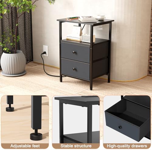 Nightstand with Charging Station, Bedside End Table with 2 Fabric Drawers for Bedroom, Side Table with USB Ports and Outlets (Black) - Image 5
