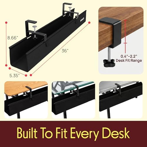 Pyle 36" Under Desk Cable Management Tray, Under Desk Wire Organizer with Clamp or Screw Mount, Desk Cable Organizer with Fabric Design for Large Workstations, Built-in Ties, 20 lb Capacity, Black - Image 6