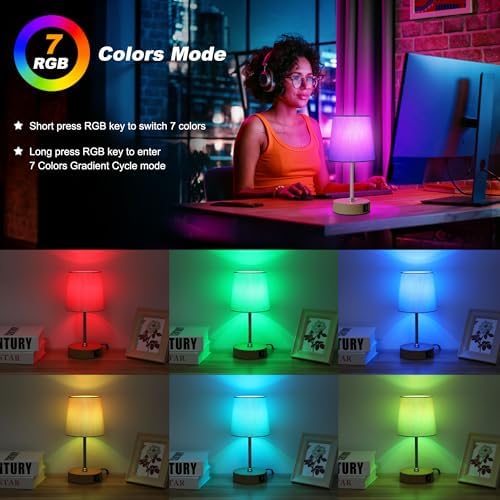 Ascher Small Bedside Table lamp Set of 2, RGB Color Changing Lamps, 3 Color Temperatures, Stepless Dimmable, Nightstand Lamp with USB C+A Ports for Bedroom Living Room, (Grey Shade, Wood Grain Base) - Image 4