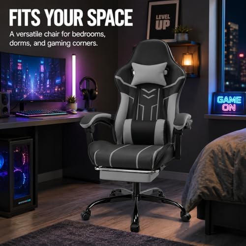 Gaming Desk Chair for Adults, Ergonomic Gaming Chair (Black+Gray) | with Footrest & Headrest and Lumbar Support, Leather Material Height Adjustable computer Video Game Chairs - Image 5