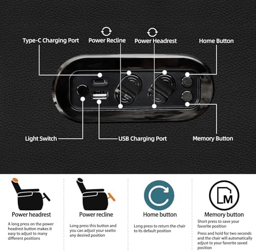 comfiroom Home Theater Seating Seats Classic Series Top Grain Leather Recliner Chair Dual Power Electric Headrest Movie Gaming Sofa with Tray Table Type-C USB Charger Cup Holders (Black, Row of 6) - Image 4
