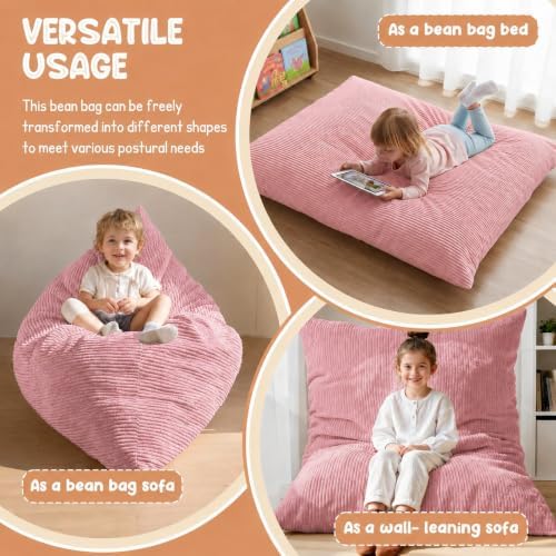3 in 1 Kids Bean Bag Chair Bed – Foldable Bean Bag to Lounger & Floor Mattress, High-Density Foam Filling Bean Bag, Child Floor Sofa for Reading, Sleeping, Gaming & Relaxation,Pink - Image 3