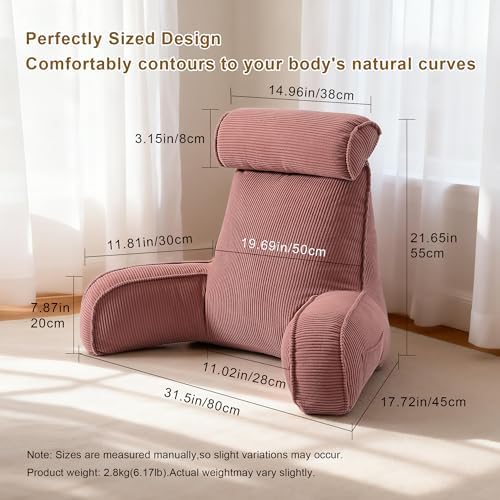 Corduroy Reading Pillow with Arms & Detachable Neck Roll, Bed Rest Back Support, Adult Cushion for Sitting Sofa & Floor, Side Pockets & Washable Cover, Brick Brown - Image 2