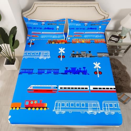 Erosebridal Train Bed Sheets Set for Boys,Cartoon Car Sheet Set for Boys Girls Kids,Vintage Car Sheets with Pocket,Retro Steam Railway Rail Flat Fitted Sheet,Traffic Light Bedding Set,Blue Twin 3Pcs - Image 2