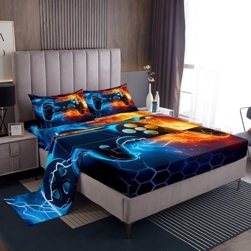 Feelyou Kids Boys Blue Red Gamer Bed Sheets Set Full Size, Honeycomb Gaming Sheets with Deep Pocket Fitted for Lightning Gamepad Sheet Set Game Bedding Set Soft 4Pcs by Feelyou