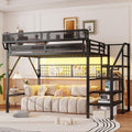 KEIKI Queen Size Metal Loft Bed Frame with Grid & Staircase & Built-in Storage Shelves & Wardrobe, Loft Bed with Solid Slats & Guardrail, No Box Spring Required, Easy Assembly, for Bedroom, Black by KEIKI