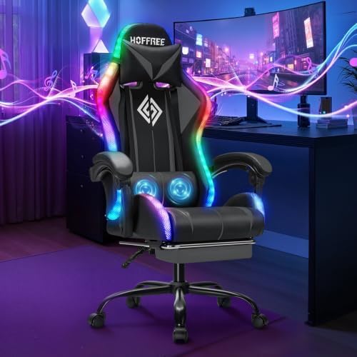 HOFFREE RGB Gaming Chair with Speakers Massage LED Lights Game Chair-Grey | Bluetooth Computer Gaming Chair with Footrest Video Game Chair for Adults Ergonomic High Back Gamer Chair with Lumbar Support by HOFFREEOfficial