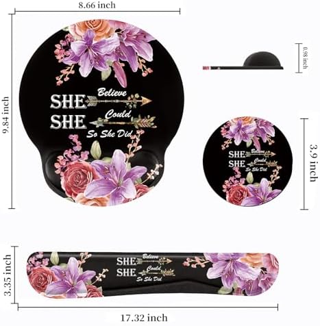 Keyboard Wrist Rest and Mouse Pad Wrist Support Set with Coaster,Non-Slip PU Base for Gaming and Office,Comfortable & Lightweight for Easy Typing & Pain Relief,Flower She Believed She Could So She Did - Image 2