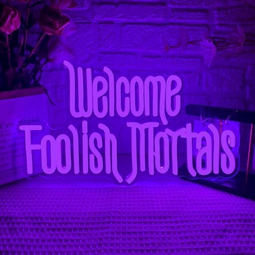 Welcome Foolish Mortals Neon Sign,Dimmable Spooky Gothic Purple Haunted Mansion Coffin LED Neon Signs for Wall Decor,USB Powered Led Neon Light for Haunted House Man Cave Halloween Party Birthday Gifts by Unknown