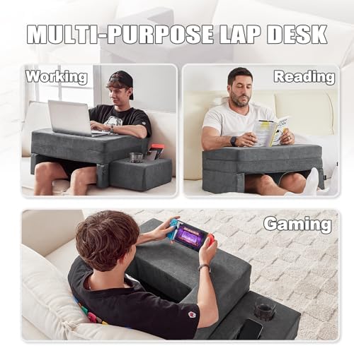 comehealthy Lap Desk Pillow for Laptop, Large Reading Pillow for Adult, Arm Rest Pillow with Cup Holder, Memory Foam Bed Desk for Working, Gaming, Reading, Laptop Desk for Couch Bed Floor(Grey) - Image 4