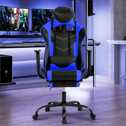 Gaming Chair, High Back PU Leather Gaming Chairs Computer Chair with Headrest & Lumbar Support, Height Adjustable Wide Seat Gaming Chairs for Adults, Game Chair with Footrest & Armrest (Blue) - Image 2