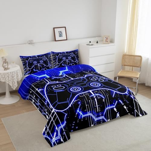 Feelyou Kids Blue Gamer Bedding Set King Size, Honeycomb Gaming Comforter Set Boys Girls Modern Game Console Comforter Gamepad Teens Duvet Set Bedroom Decor Bed Set 3Pcs - Image 3