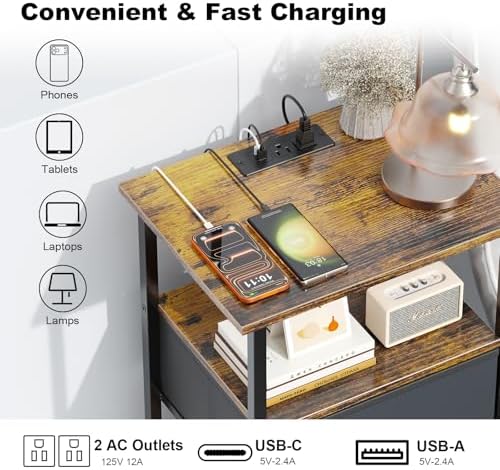 Side Table with Charging Station, Nightstand with Adjustable Fabric Drawer, Bedside Table for Bedrooms, Living Rooms & Home Decor (Brown Black) - Image 3